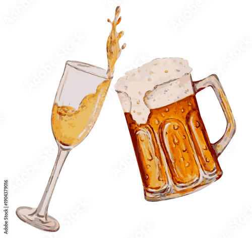 Watercolor beer splash between a beer mug and champagne glass in a festive celebration scene.