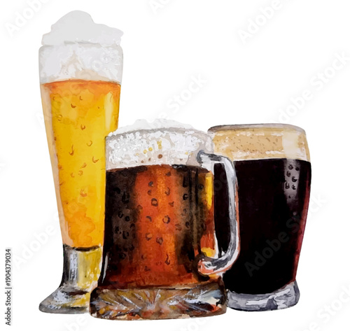 Watercolor painting of assorted beer glasses with rich colors and foamy textures.
