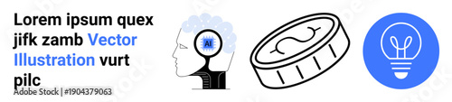 Artificial intelligence, cryptocurrency, innovation, creativity, problem-solving, digital economy. Silhouetted head with a brain, coin and lightbulb. Artificial intelligence and cryptocurrency