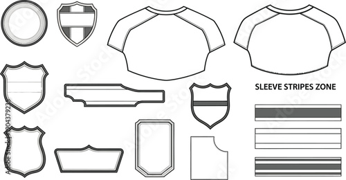 Collection of outline templates shows various shield badges, clothing panels, and stripe patterns for uniform customization.