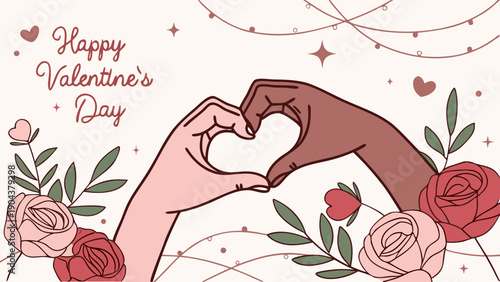 Happy Valentine’s Day Illustration of Interracial Couple Hands Forming Heart Shape with Roses, Love Symbols, and Romantic Greeting Card Design background landscapes 