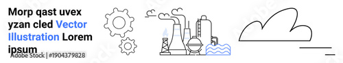 Industry, manufacturing, environmental sustainability, industrial innovation, air pollution, technology development. Outline of factory with chimneys, gears and clouds. Industry and environmental