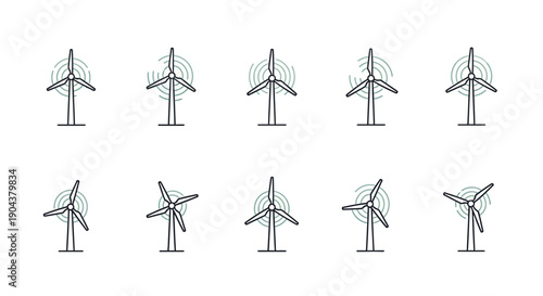 Wind Turbine Renewable Energy Flat Icon Set for Clean Power and Sustainable Environment on Isolated White Background