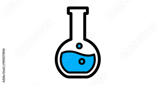 Cartoon Style Laboratory Flask with Blue Liquid and Bubbles Isolated on White Background
