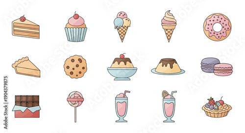 Delicious Assortment of Colorful Desserts and Sweet Treats Food Icons in Isolated White Background