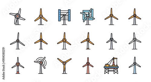 Wind Turbines and Renewable Wind Energy Icons on an Isolated White Background