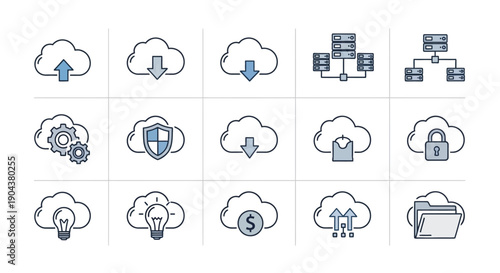 Cloud Computing and Network Outline Icons on an Isolated White Background