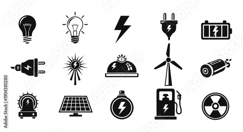 Black Glyph Icons for Energy and Power Generation on an Isolated White Background