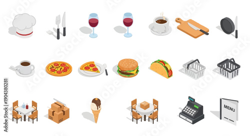 Isometric Food and Restaurant Icons on an Isolated White Background