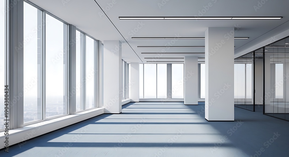 Obraz premium Bright and expansive contemporary office interior, featuring floor-to-ceiling windows with panoramic city views, symbolizing new business opportunities and future corporate development
