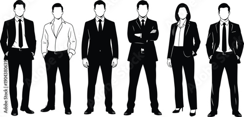 Vector silhouette collection featuring diverse professional business people standing in formal suits and casual outfits along with baseball players and German Shorthaired Pointer dogs.