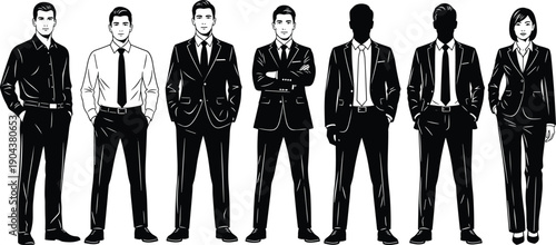 Vector silhouette collection featuring diverse professional business people standing in formal suits and casual outfits along with baseball players and German Shorthaired Pointer dogs.