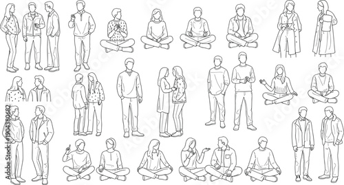 Vector silhouette collection featuring diverse casual people standing and sitting along with circus acrobats performing tightrope walks for sports and entertainment themed design.