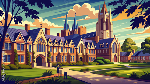 Very beautiful view of Saybrook College at Yale University, where Collegiate Gothic design reveals intricate stonework, vaulted forms, and enduring academic heritage within a historic campus.