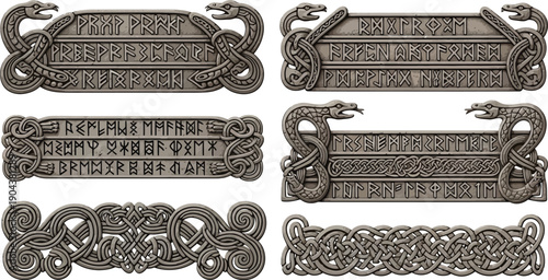 Six metallic Viking decorative borders feature intertwined serpent knotwork and ancient runic inscriptions.