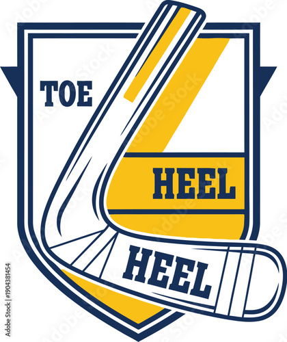 A heraldic shield crest contains a detailed graphic representation of a hockey stick blade labeled with toe and heel areas.