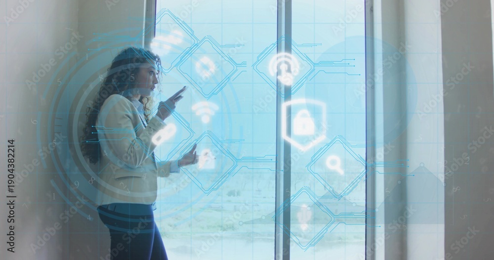 Fototapeta premium Pointing businesswoman wearing light blazer dark pants tapping blue AR UI by glass door, copy space