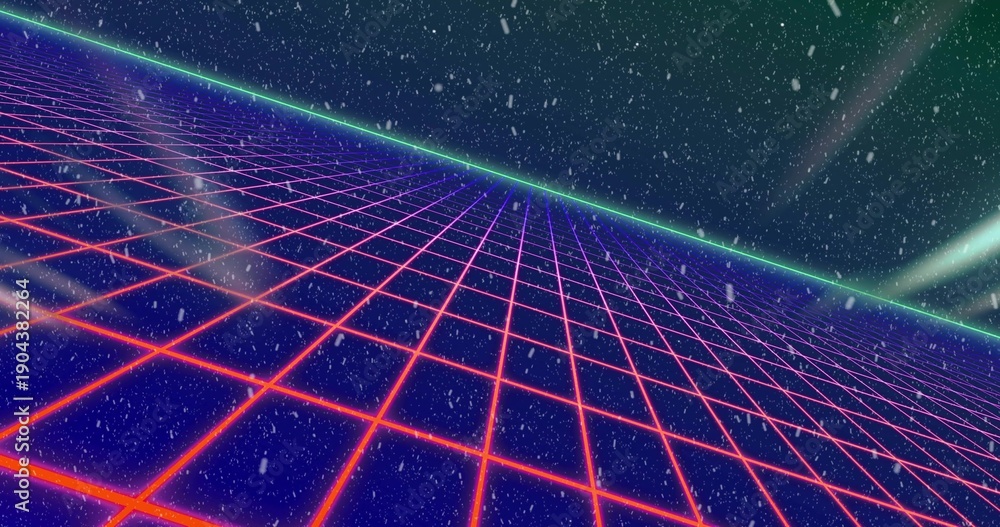 Obraz premium Stretching slanted neon grid plane receding toward cyan horizon at retro plain with starry specks