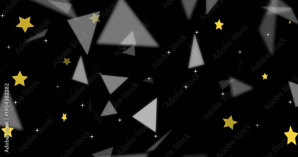 Naklejka premium Glowing cluster drifting in black void, with blurred triangular shards, yellow stars, white dots