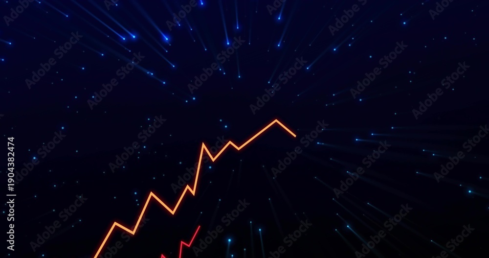 Naklejka premium Glowing orange neon zigzag moving through dark navy space, with red jagged line and blue particles