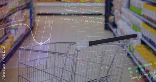 Pushing metal cart with black handle down grocery aisle, with financial overlay and stocked shelves