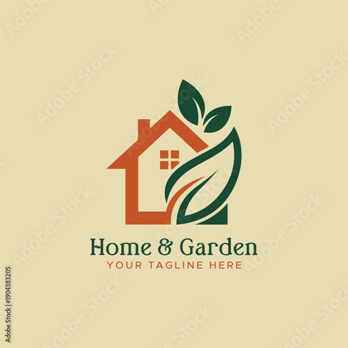 Home and Garden Logo featuring a house combined with vibrant green leaves. Ideal for home decor, eco-friendly gardening, landscaping services, sustainable real estate, residential property branding