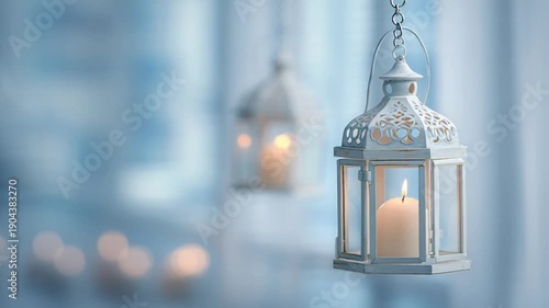 Hanging Lanterns with Soft Candlelight in a Serene Blue Setting.