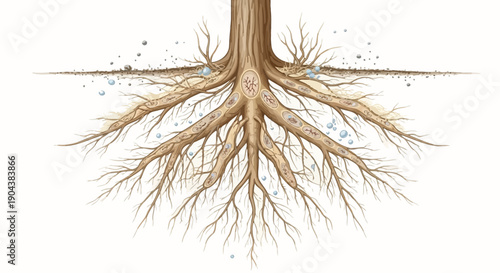 An illustration of the tree root cycle or siklus akar pohon with exposed roots on a white background.