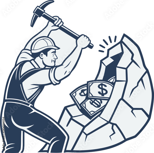 Miner breaking rock finding hidden money wealth