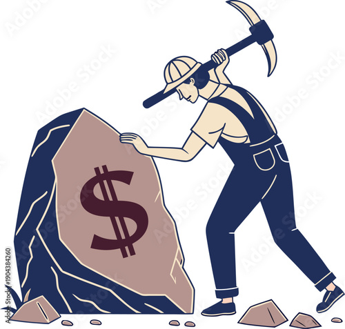 Miner discovering dollar sign in rock using pickaxe