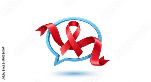 Red ribbon symbol inside blue speech bubble on white background for awareness and conversation about health issues