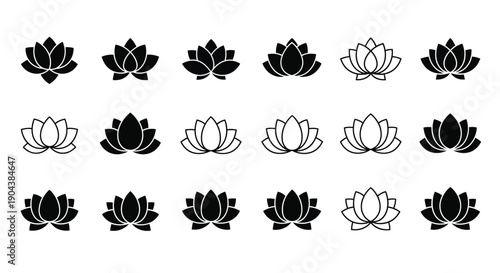 Collection of various stylized lotus flower icons presented in both solid black silhouette and clean outline designs for diverse graphic needs