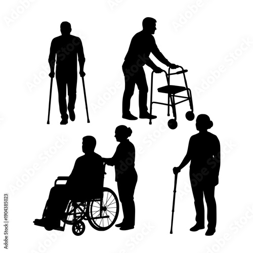 Accessible lifestyle silhouettes people with mobility aids vector set