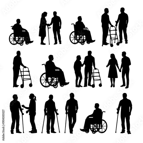 Mobility diversity silhouettes with wheelchair walker and crutches vector
