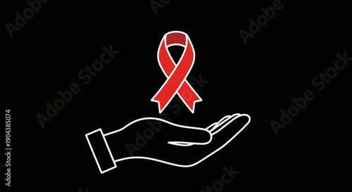Hand holding red awareness ribbon on black background symbolizing support and solidarity for health causes and disease prevention