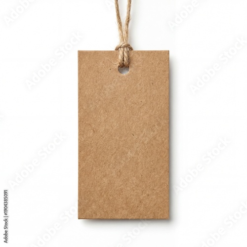 Blank brown kraft paper clothing hang tag mockup with string isolated.