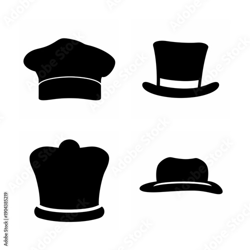 Four distinct styles of classic headwear silhouettes displayed in black and white