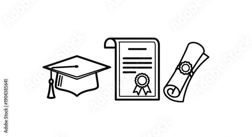 Graduation icons featuring a mortarboard cap a formal certificate and a rolled diploma scroll symbolizing academic achievement and successful learning