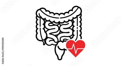 Simple black and white line art icon representing the human digestive system large intestine with a vibrant red heart and electrocardiogram pulse overlay emphasizing gut health.