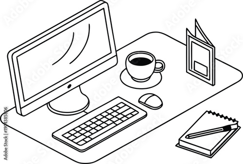 Modern Workspace with Computer Desk Coffee and Office Equipment Illustration