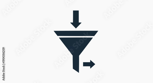 Vector black filter funnel icon with down and side arrows, data processing symbol, isolated on white