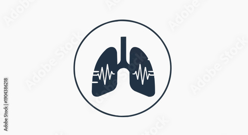 Vector icon of human lungs with heartbeat rhythm inside a circle, dark blue on white background, medical health symbol