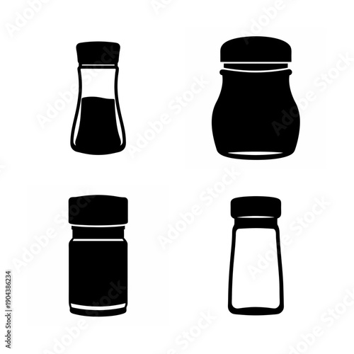 Four different types of spice containers depicted in black and white silhouette style