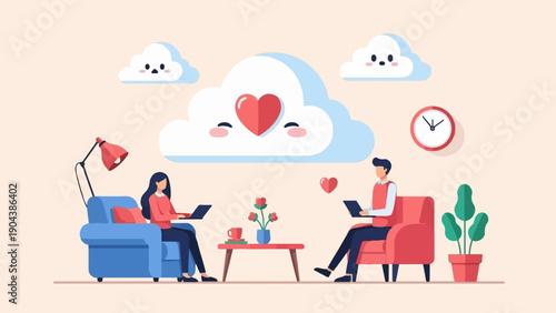 Couple connecting online, surrounded by cute clouds and hearts