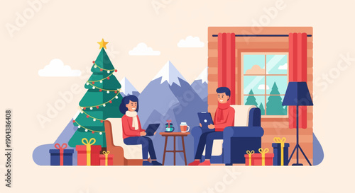 Couple cozying up in a rustic cabin with Christmas decorations and snowy mountains
