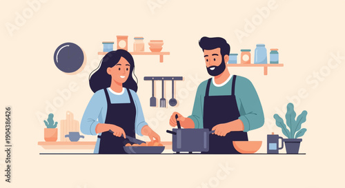 Couple cooking together in a bright kitchen, smiling
