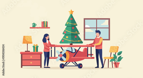 Couple decorating for holidays with airplane toy and Christmas tree