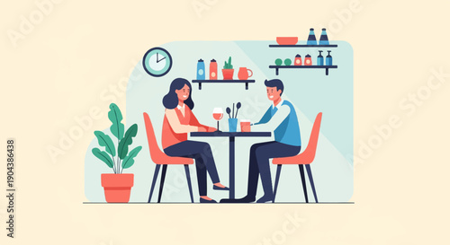 Couple dining at a cafe with a clock and plant