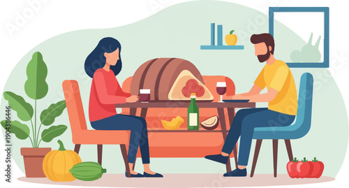 Couple dining with a large roast and wine on a table, surrounded by plants