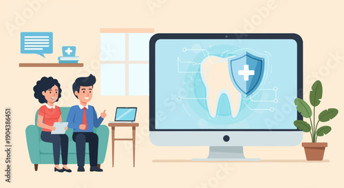 Couple discuss dental health with digital tooth on monitor